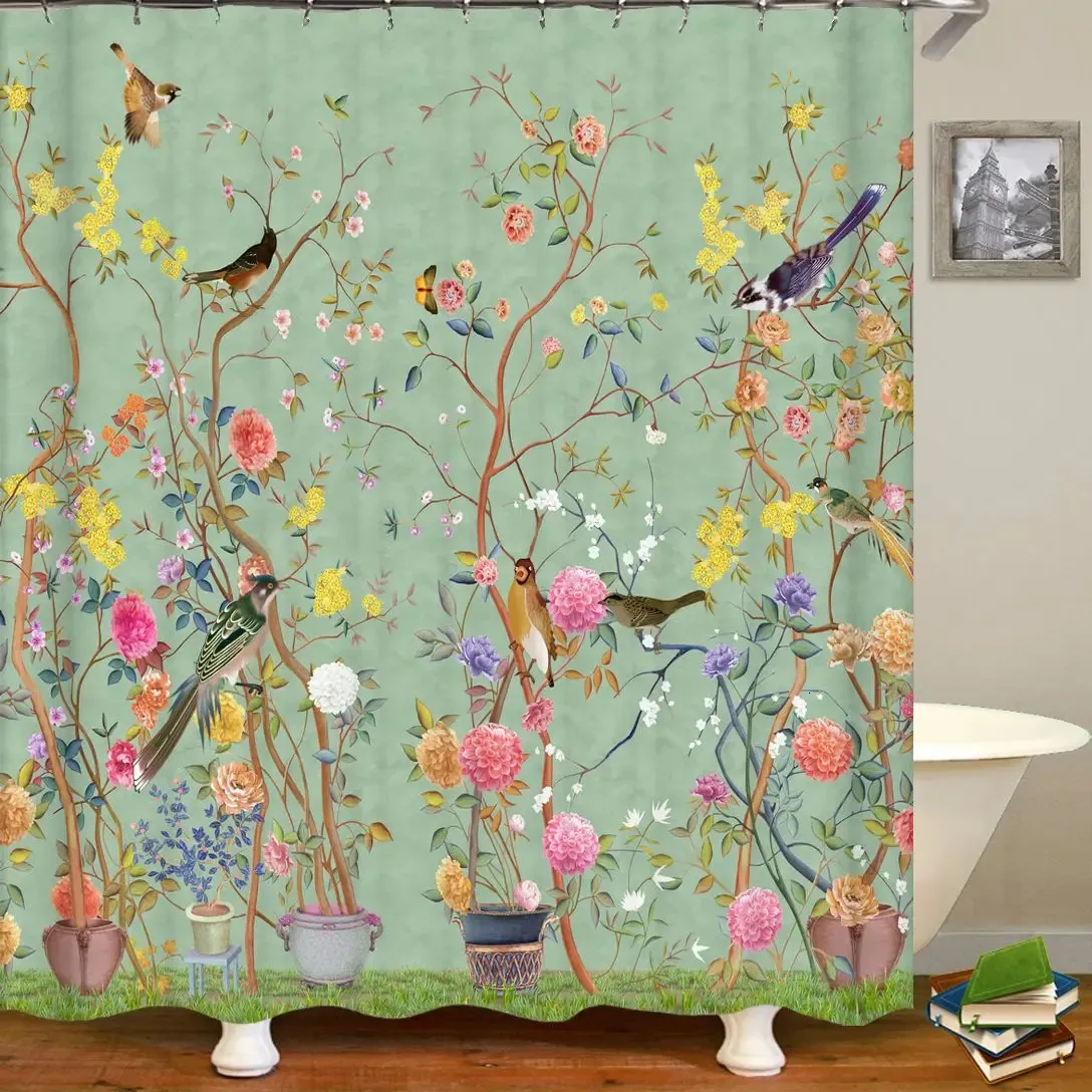 Cortinas de ducha de árbol de flores y pájaros de estilo chino, cortina de baño impermeable, decoración de baño con ganchos, impresión 3d 240105