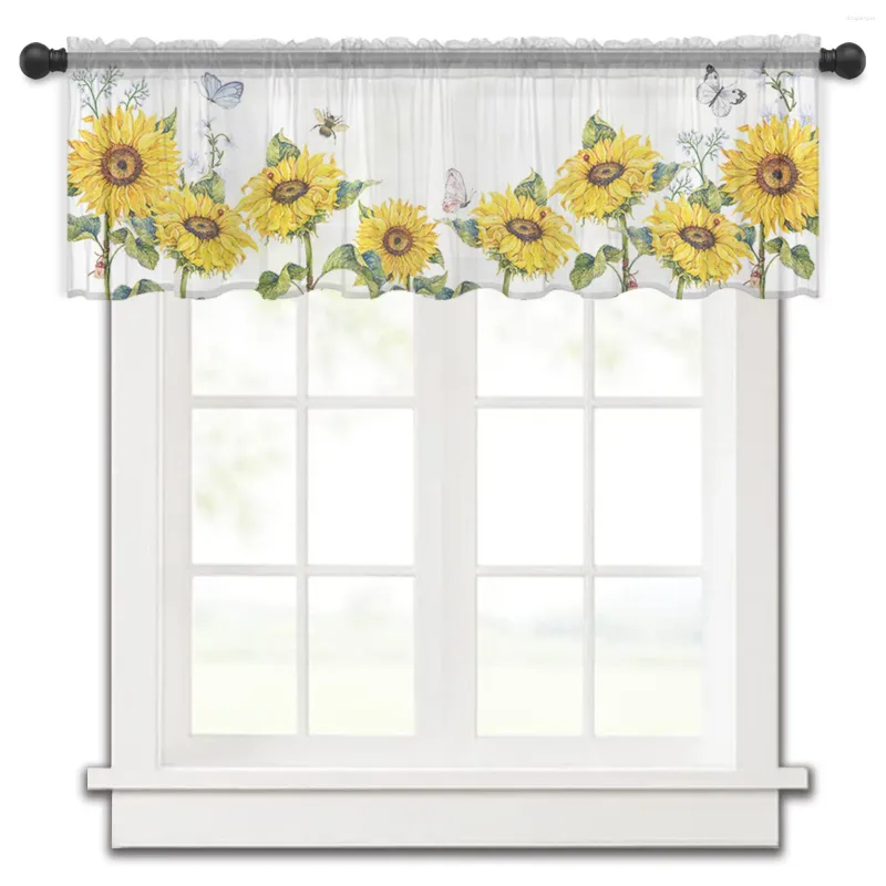 Vorhang, Sonnenblume, Blume, Schmetterling, Biene, weiß, kurz, Tüll, Fenstervorhänge, transparenter Voile, Küchenschrank, Heimdekoration, kleine Vorhänge