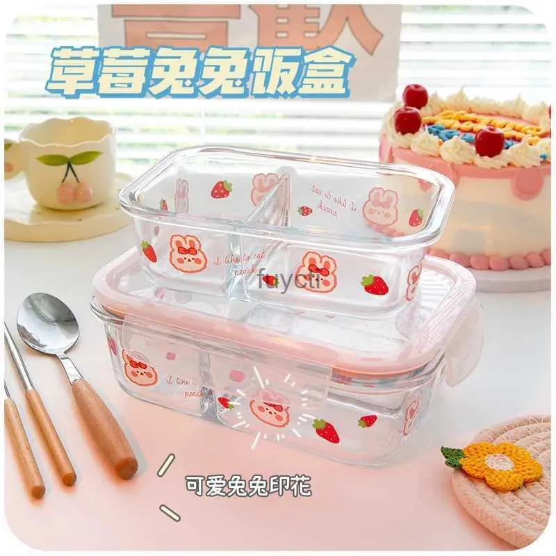 Bento Boxes cartoon Glass Lunch Box for Kids Student Meal Prep Containers Microwave Bento Box with Compartment Food Leakproof Storage Box YQ240105