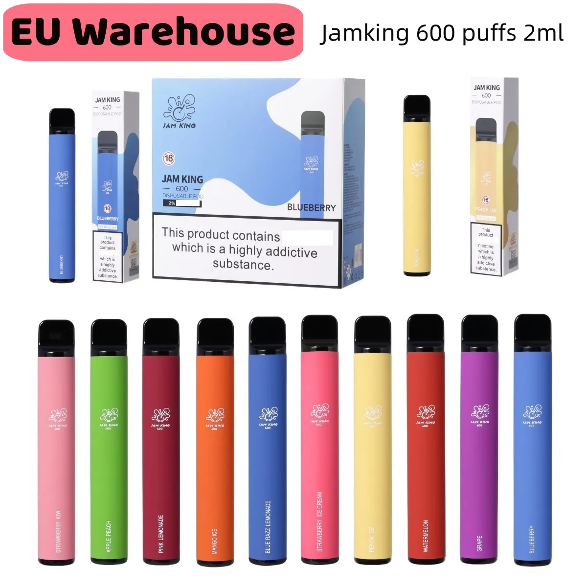 Jam King EU Stock vape Vaper Puff 600 2 ml E-jus 10 saveurs cigarette jetable Chine vente en gros Vape Stick 550 mAh batterie 20 mg Nic Mesh Coil