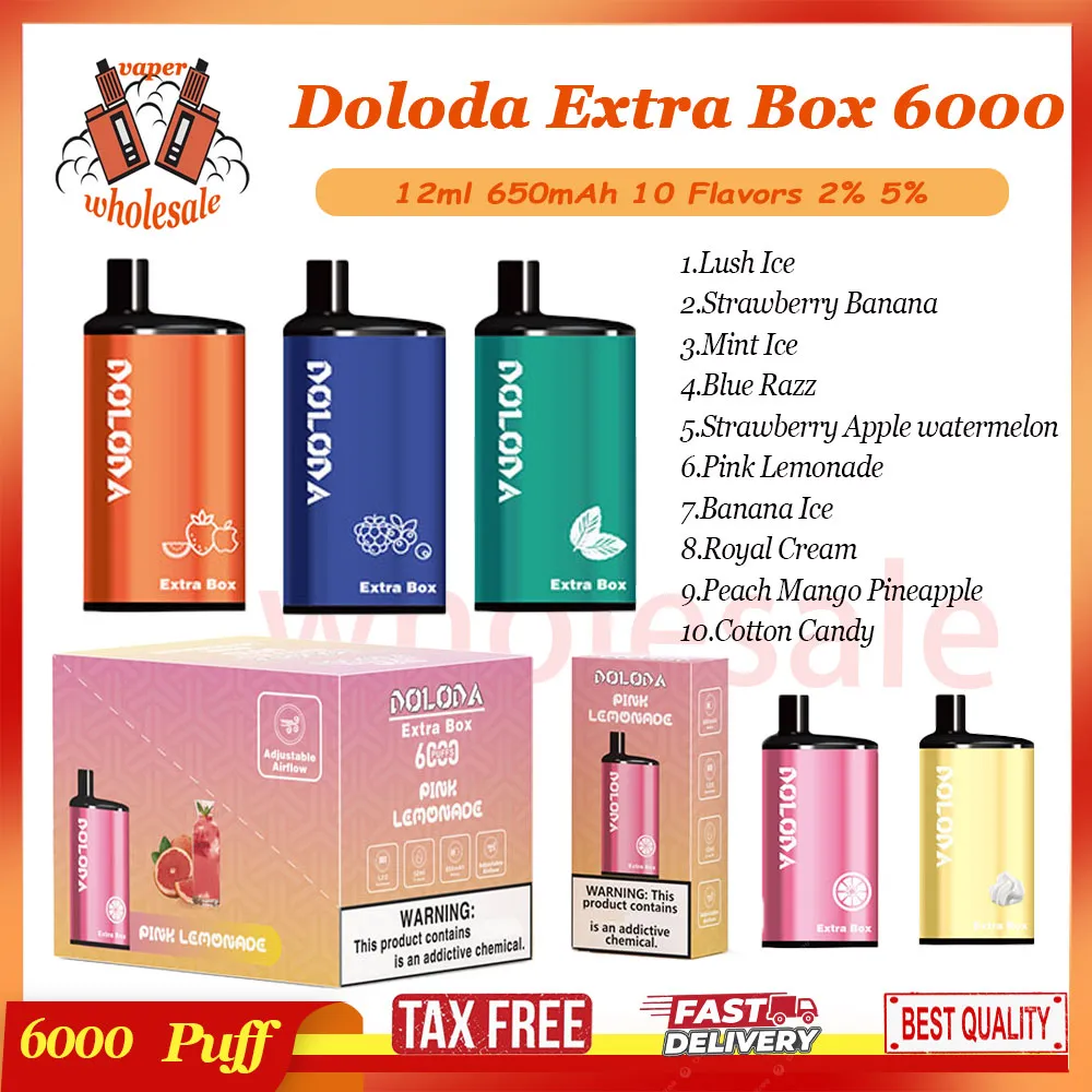 Doloda Extra Box 6000 Puff Einweg-Vape-Stift, 650 mAh wiederaufladbarer Akku, Netzspule, 12 ml, vorgefüllter Pod, 2 % 5 % Füllstand, Verdampfergerät, 6k E-Zigarette, 10 Geschmacksrichtungen auf Lager