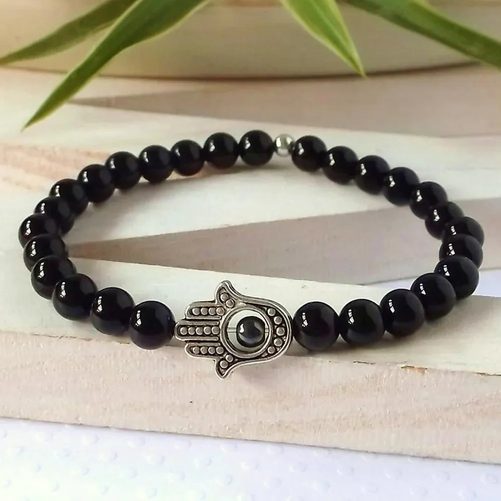 Armreif Hamsa schwarz Onyx Naturstein Armband, Schutz Mala, Yoga, spirituell, Heilarmband, Stretch Herren