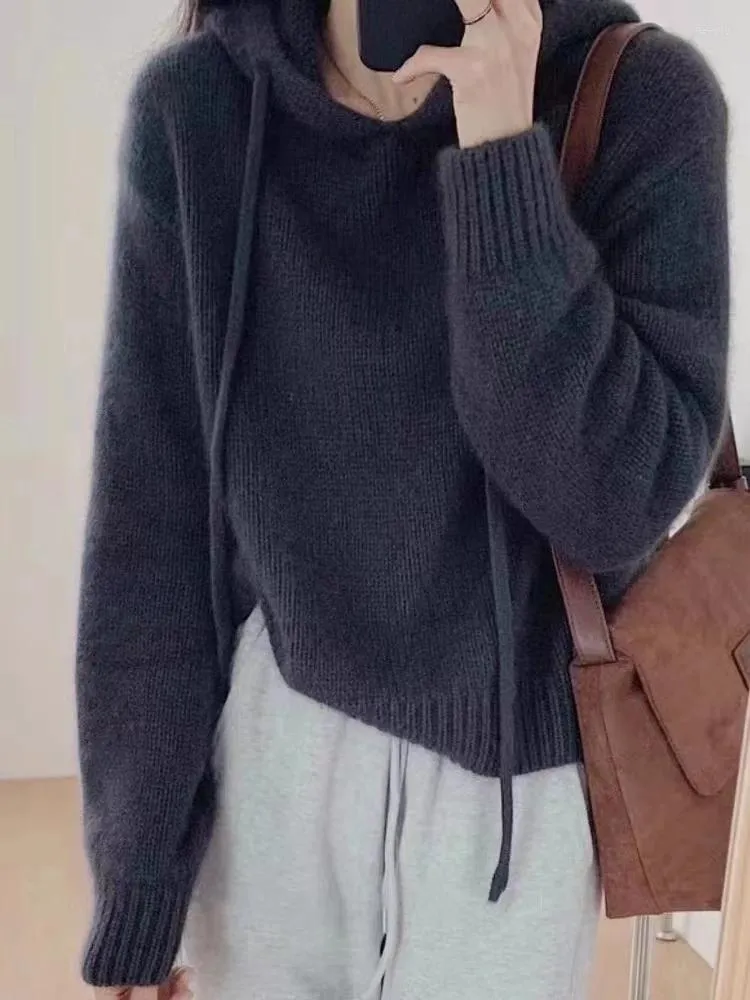 Felpe con cappuccio da donna Versione coreana del maglione di cashmere con cappuccio Felpa con cappuccio spessa in pura maglia corta allentata