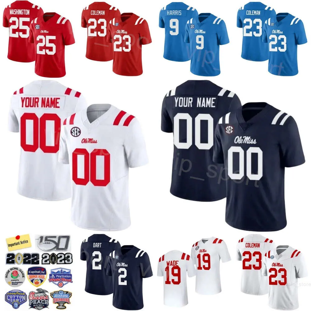 Mans Football Ole Miss Rebels College 19 Dayton Wade Jersey 9 Tre Harris 4 Quinshon Judkins 2 Jaxson Dart 11 Watkins 23 Khari Coleman 25 Trey Washington Rosso Bianco Navy