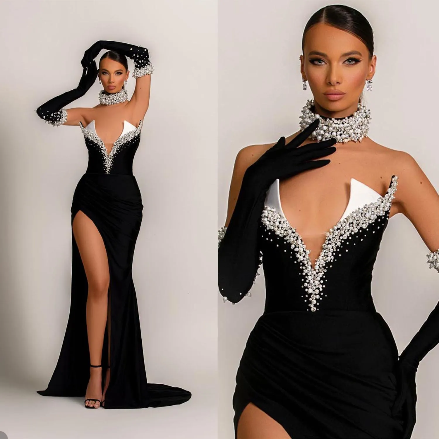 Robes de soirée noires perles perles V Neck Birthday Prom Girls Sequins Special Ocn Robes Hobe pas Gants