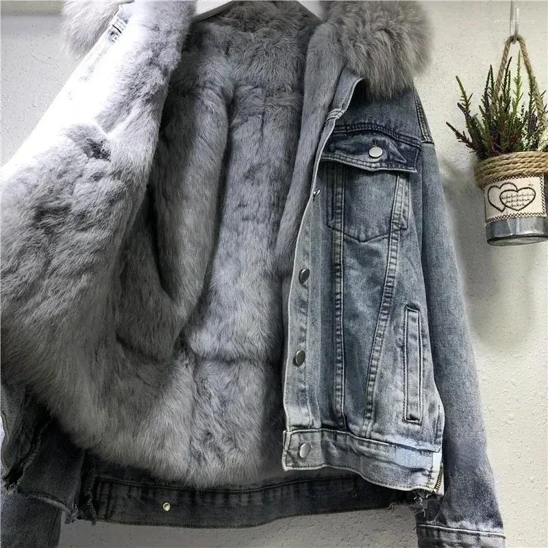 Damen-Trenchcoats, Denim-Mantel, kurz, Stil 2024, Winter-Imitationshaar-Innenfutter mit Plüsch und dicker, abnehmbarer Baumwolljacke