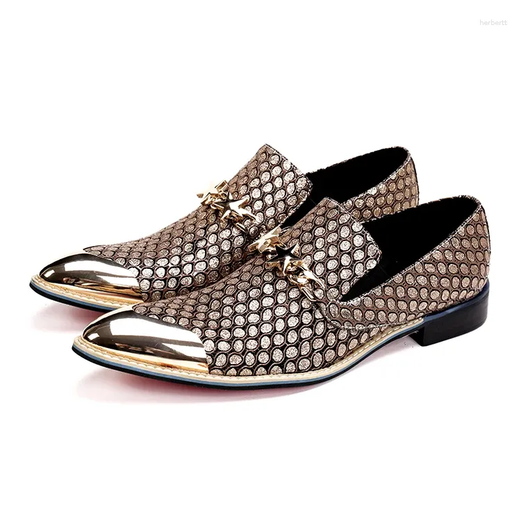 Dress Shoes Sapato Social Masculino Mens Wedding Loafers Pointed Toe Gold Black Fish Patten Genuine Leather Buckle