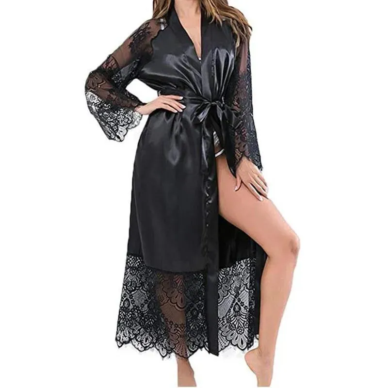 Pijamas novas mulheres longo laço de cetim robe sleepwear noite vestido babydoll nightie robe seda cetim robes nupcial casamento vestido de dama de honra quimono