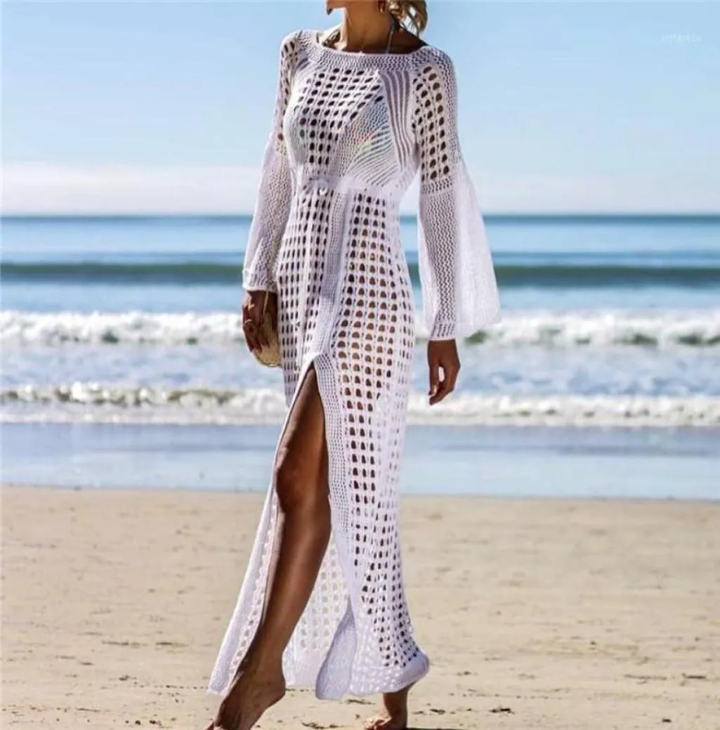 Sarongs 2021 Crochet White Knitted Beach Cover Up Dress Tunic Long Bikinis Ups Swim Beachwear19064236