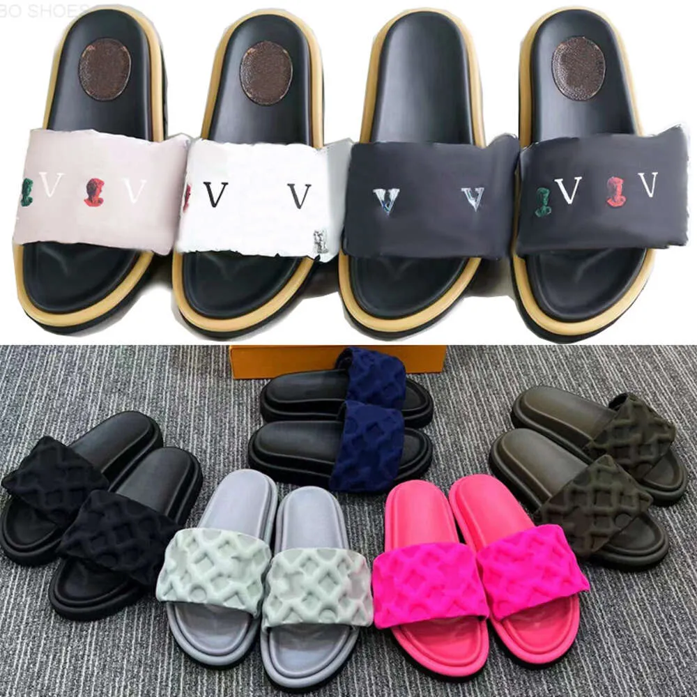 10A With box Pool Pillow Flat Comfort slippers Embossed Mules Sandal Luxury men designer Slides women shoes pink triple black ivory beige Cargo Khaki summer slipper