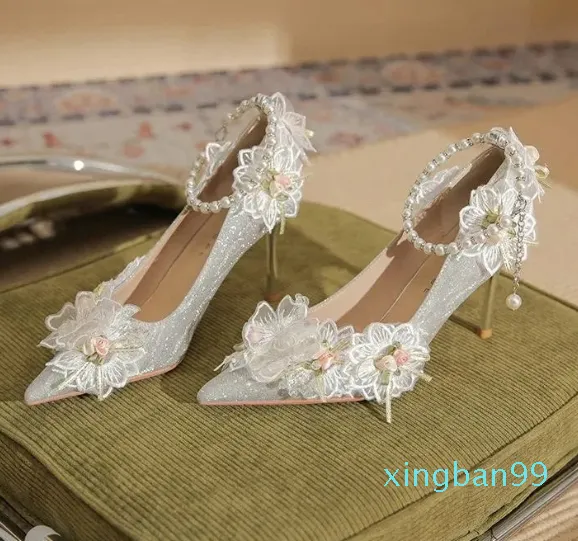 Sapatos de vestido de pele de carneiro salto alto casamento feminino fino qualidade espumante laço flor pérola linha cinta
