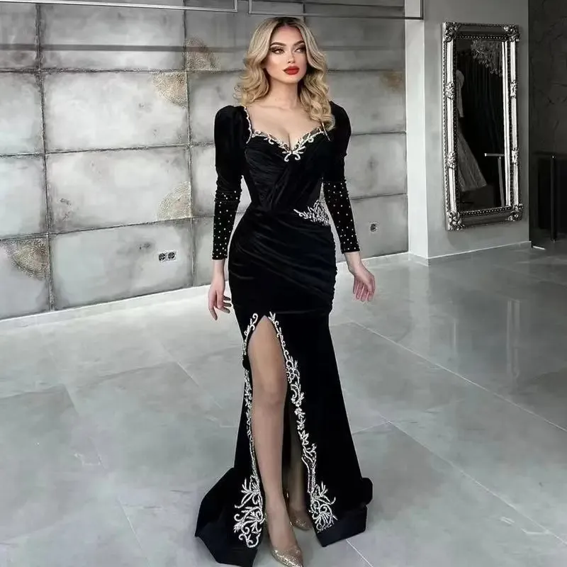 Black Mermaid Evening Dresses Caftan Applique Beads Prom Gowns Long Sleeves Side Slit Women Party Guest Dress YD