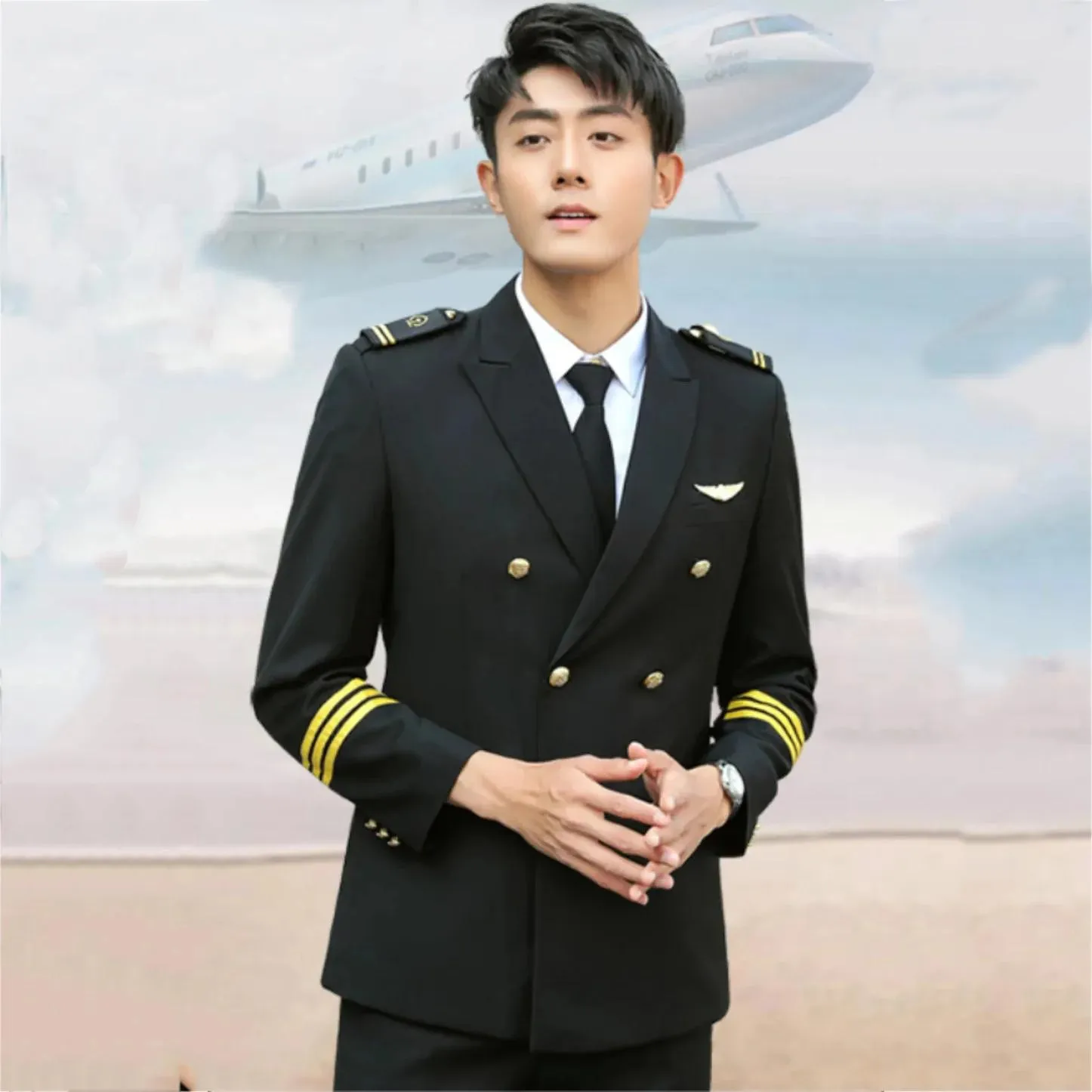 Jackets Men's 3 Lines Airline Pilot Suit Jackets Uniforms Hair Stylist Black Navy Blue Suit Coat Workwear Big Size Male