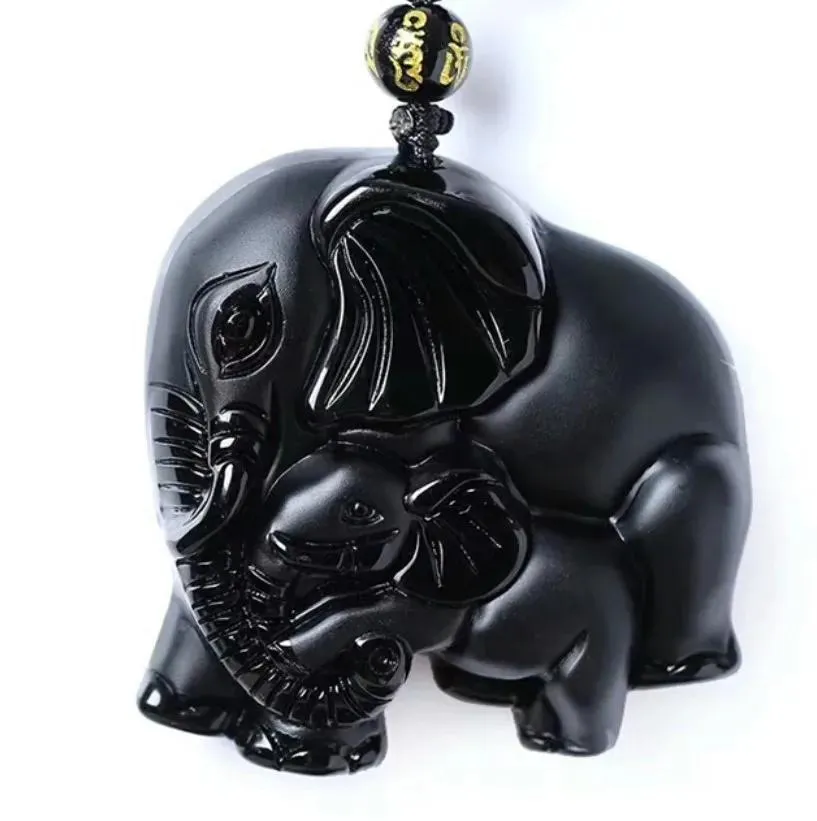 Bracelets en pierre d'obsidienne naturelle noire, pendentif en forme d'éléphant finement sculpté pour femmes et hommes, bijoux à la mode Joursneige
