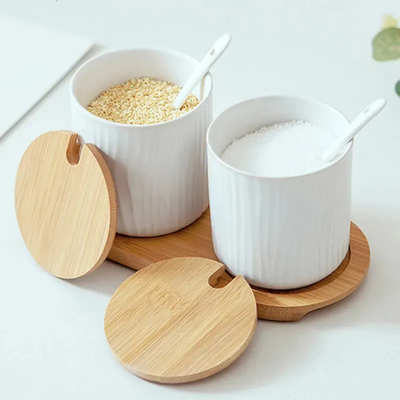 Nordisk keramisk smaksättningsburk med locksked kryddor Pot Salt Shaker Sugar Bottle Organizer Home Kitchen Supplies Lagring Set 240104