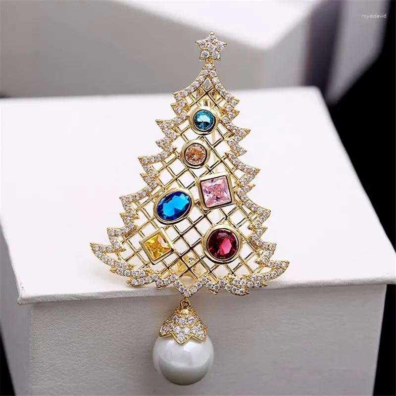 Broches de joyería para mujer, broche de perlas de árbol de Navidad, alfileres de circonias cúbicas, joyería colorida con diamantes de imitación, abrigo, regalo