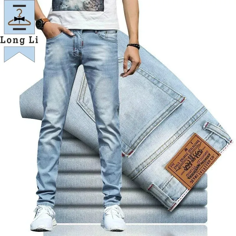 2023 primavera e outono clássico moda masculina tendência azul elástico jeans casual conforto de alta qualidade calças pé pequeno 36 240104