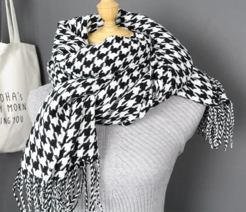 Women Winter Winter Fashion Soft Warm Lady Cashmere White and Black Long Houndstooth وشاح مع شرابة Y2001031271842