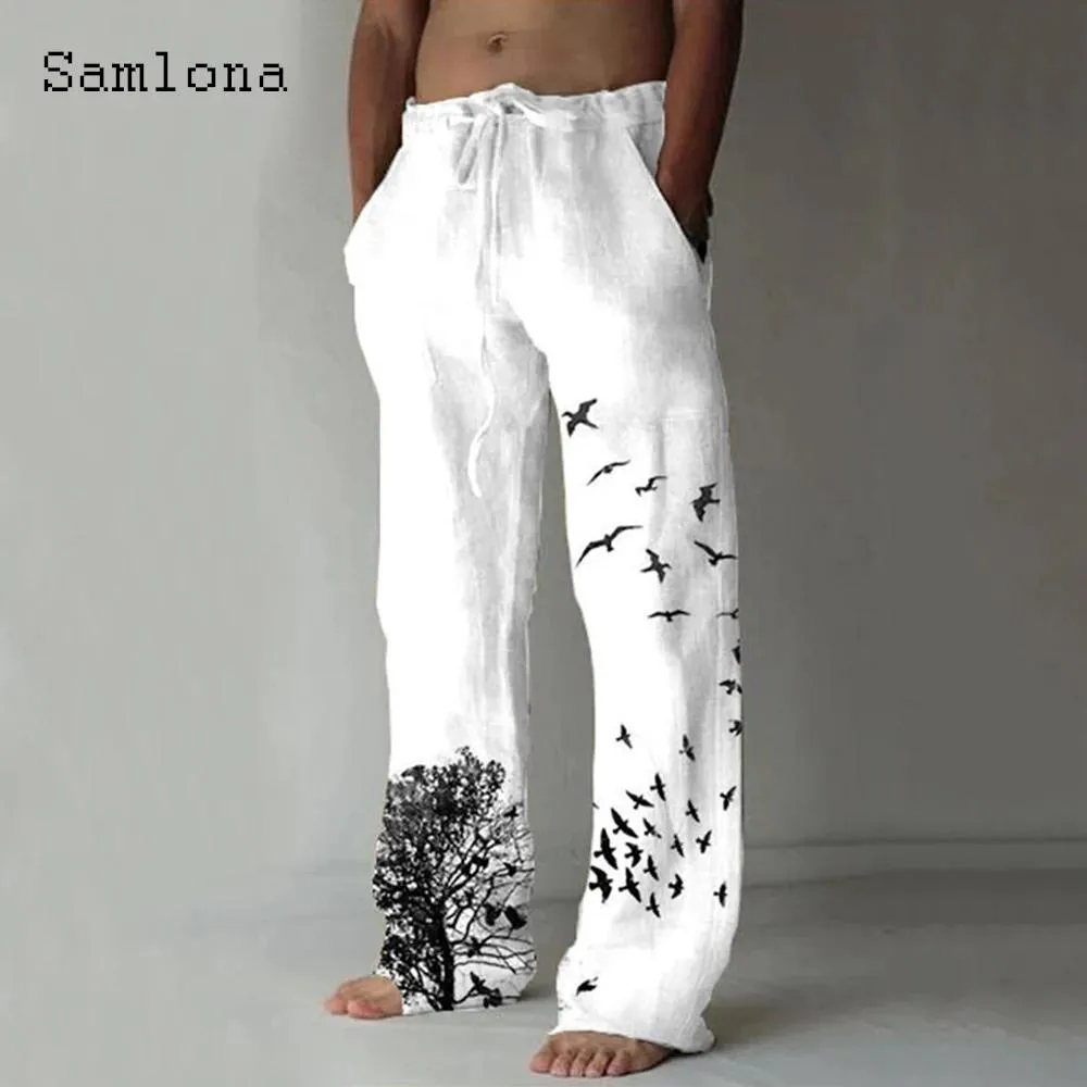 Pants 2022 Summer New Men's Pocket Design Linen Pants Casual Drawstring Trouser Plus Size 3xl Mens Fashion Tree Birds Print Sweatpants