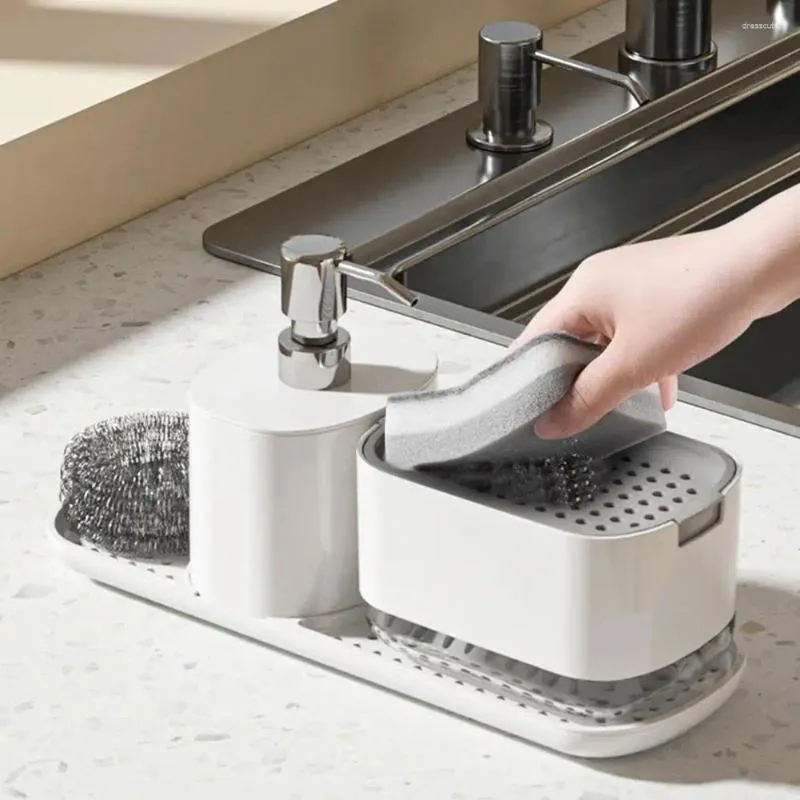 Płynna dobienek do mydła danie kuchenne z uchwytem na gąbkę przeciwpoślizgową pojemnik na rękę D) dozowanie ręki do domu łazienki