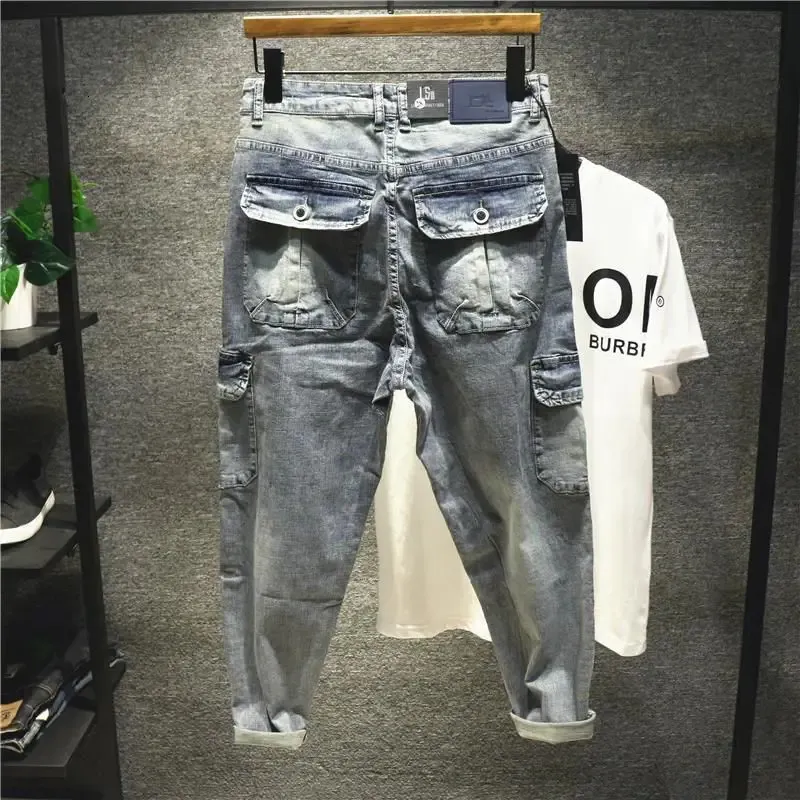 Autumn Men Vintage Wash Denim Jeans Slim Stretch Brand Trousers Men Light Blue Fashion Men's Clothing Pencil Pants 240104