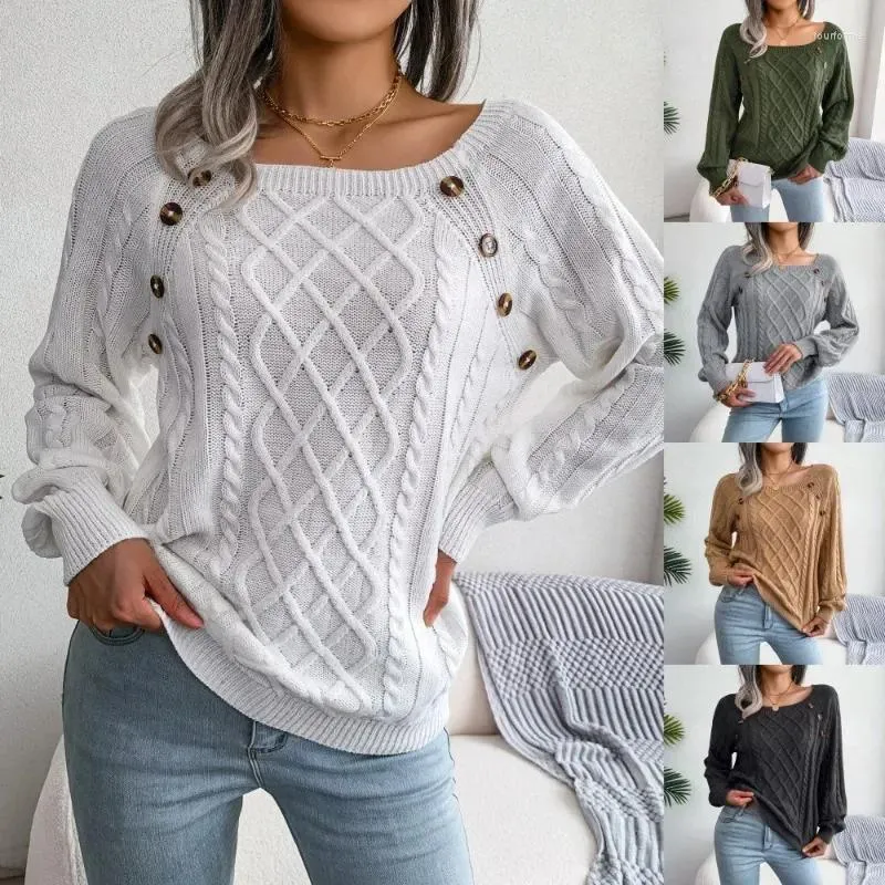 Women's Sweaters Women Square Neck Sweater Autumn Winter Casual Button Loose Split Pullovers Tops Female Long Sleeve Knitting Jumper