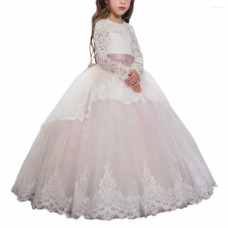 Abiti da ragazza Bellissimi Abiti da comunione Maniche lunghe Increspature Applicazioni di pizzo Fatti a mano Curvy Natale Bambine Abiti da ballo in tulle rosa