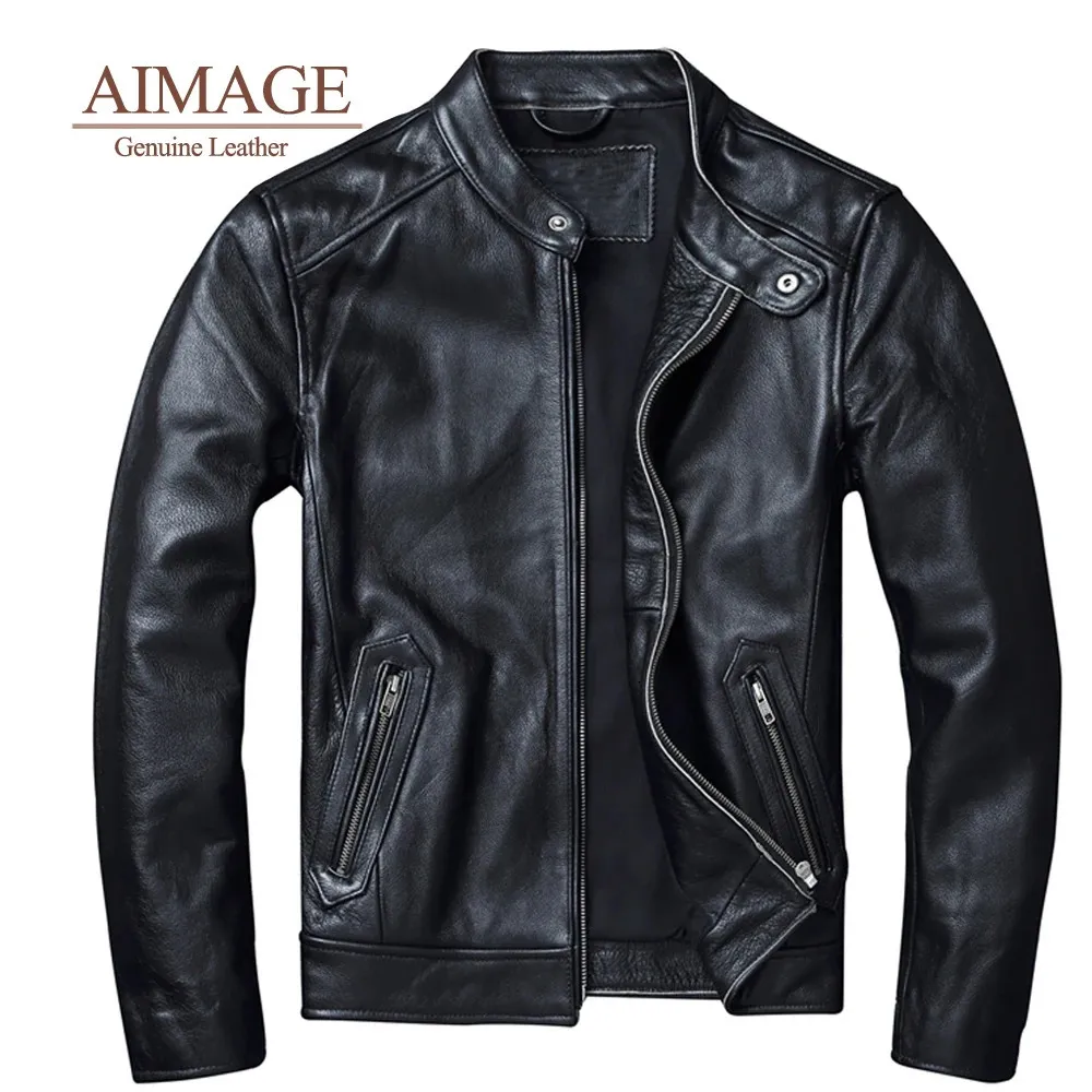 2024 Cowhide Leather Jacket Men's Motorcycle Biker Springナチュラル本革のジャケットDe Cuero genulo s-6xl py043 240104