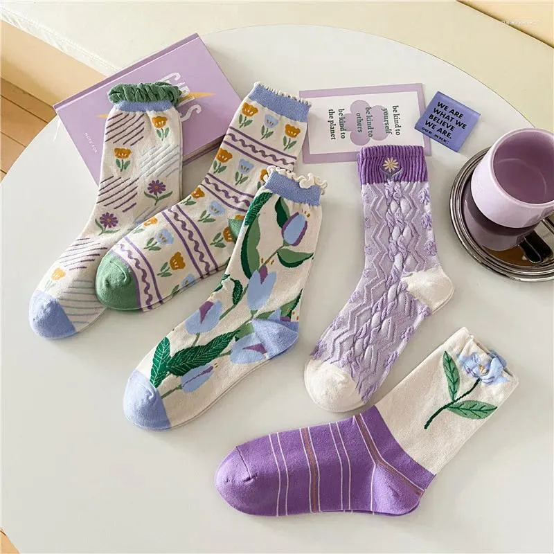 Women Socks Blue Purple Floral Women's Autumn Japanese Flower Mid Tube Fashion Simple Cotton For