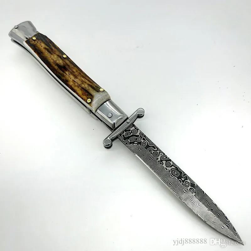 9 Inch Italian Style Stiletto Mafia Single Action Automatic Pocket Knife Damascus Antlers Handle Hunting Self Defense Survival Auto Tactical Knives UT88 UT85 3400