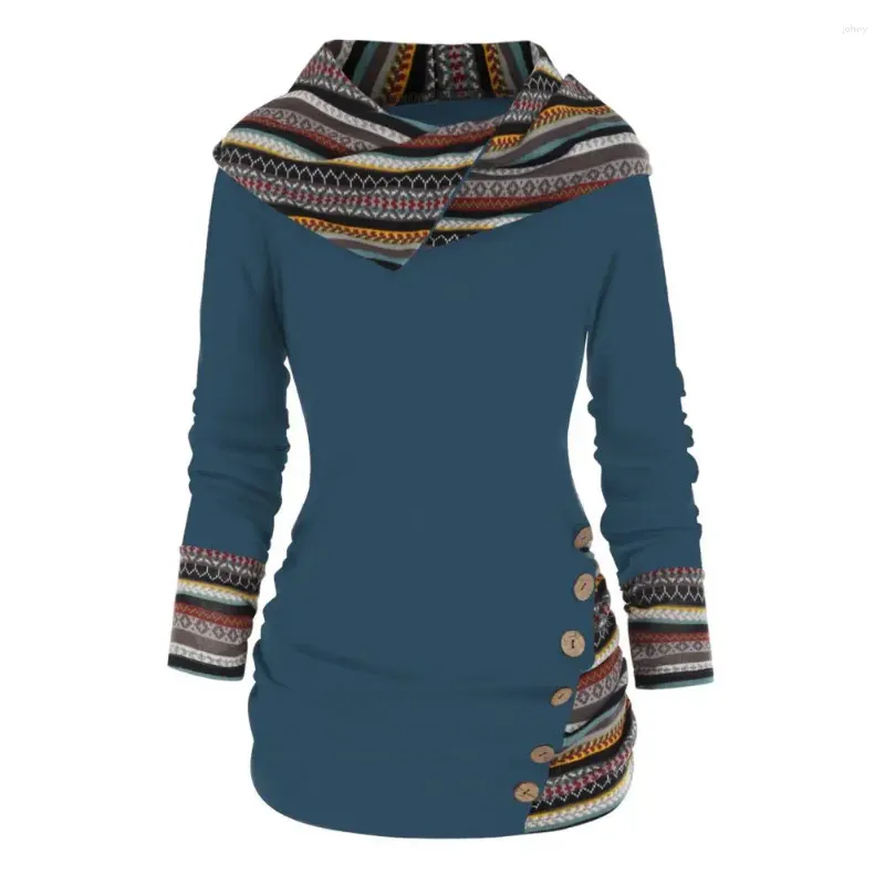Damenpullover, Damen-Kapuzenpullover, elastisches Sweatshirt, geometrischer Streifen, Spleißdruck, ethnischer Stil, Herbst-Winter, mittellang