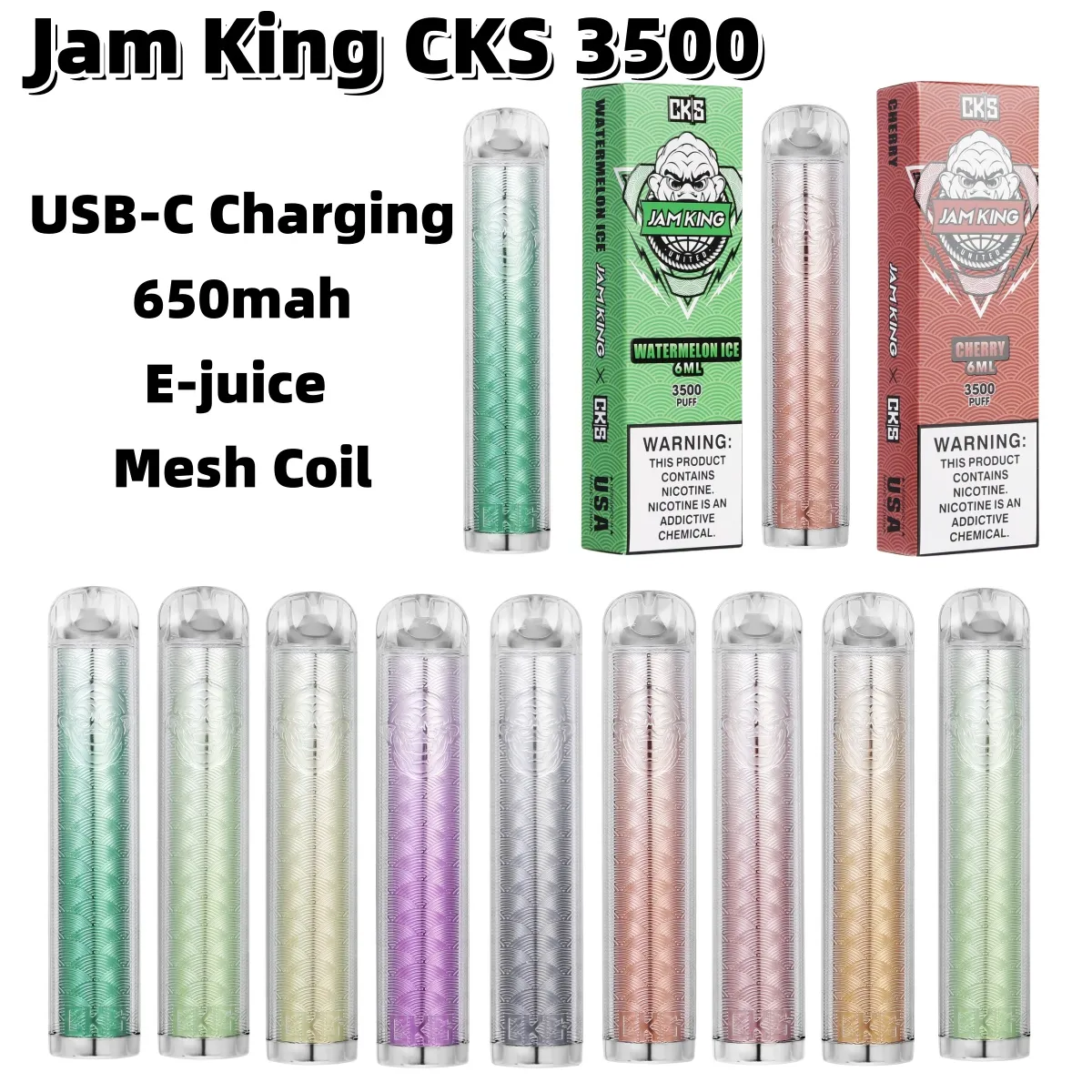 Electronic Cigarette EU Warehouse vape pen Jam King CKS 3500 USB-C Charging Mesh Coil Puff 2800 6ml Prefilled 650mAh Rechargeable fruit flavor battery pen