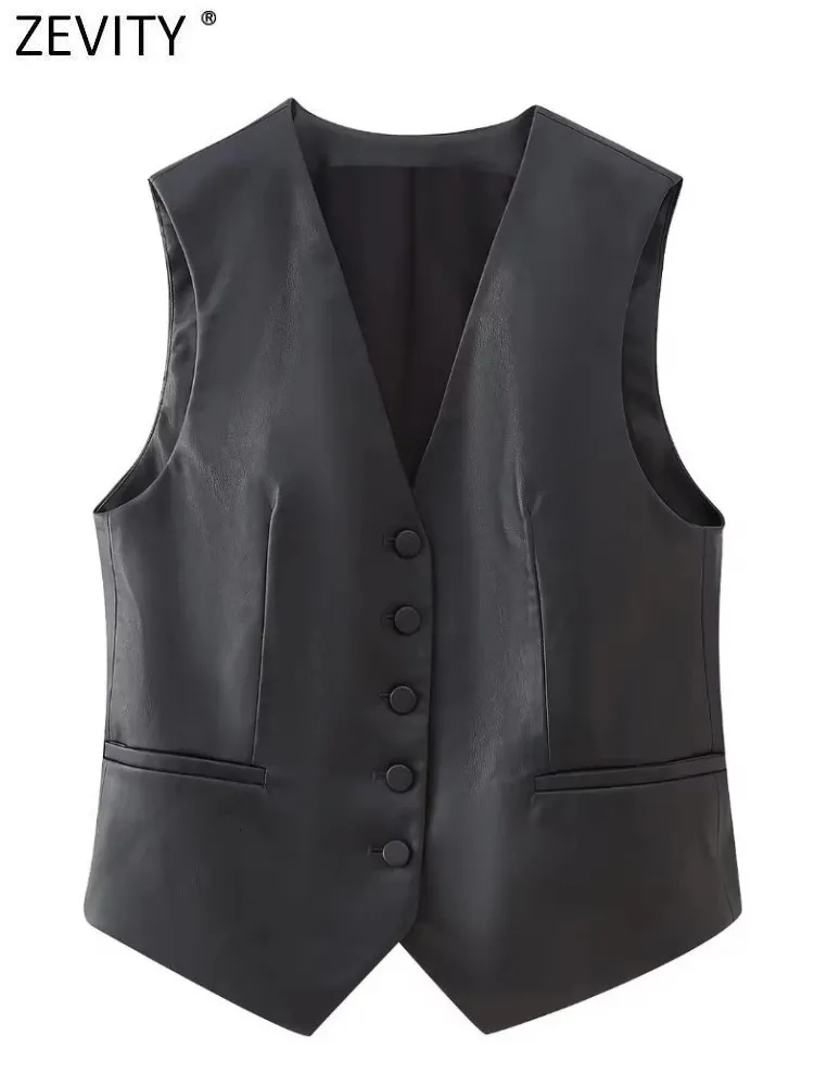 Zevity femmes mode col en V simple boutonnage Faux cuir mince gilet veste bureau dame gilet fausse poche hauts CT5312 240105