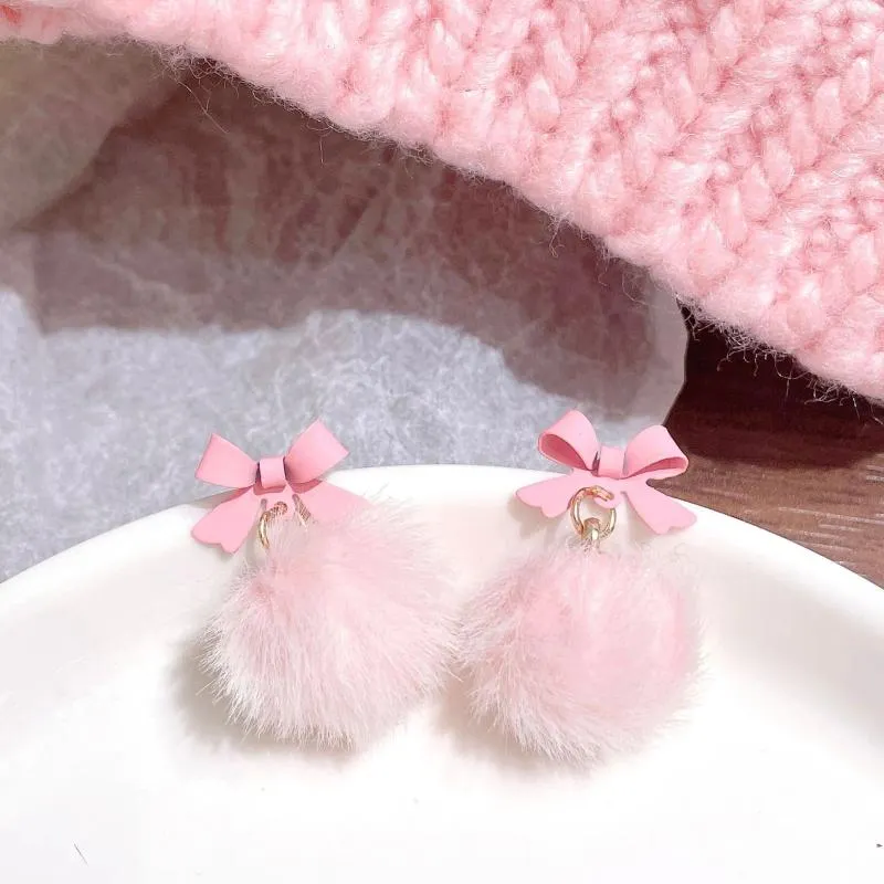 Baumelnde Ohrringe, koreanischer rosa Tropfen für Frauen und Mädchen, niedlicher flauschiger Ball-Bogen-Pom-Ohrring, Herbst-Winter, Kawaii, Weihnachten, Kinderschmuck