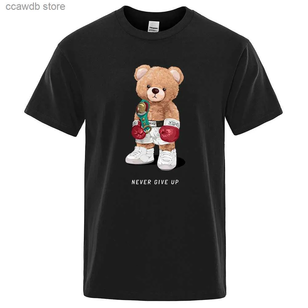 Homens camisetas Forte Boxer Teddy Bear Nunca Desista Imprimir T-shirt Engraçado Homens Algodão Casual Mangas Curtas Soltas Oversize S-XXXL Tee Roupas T240105