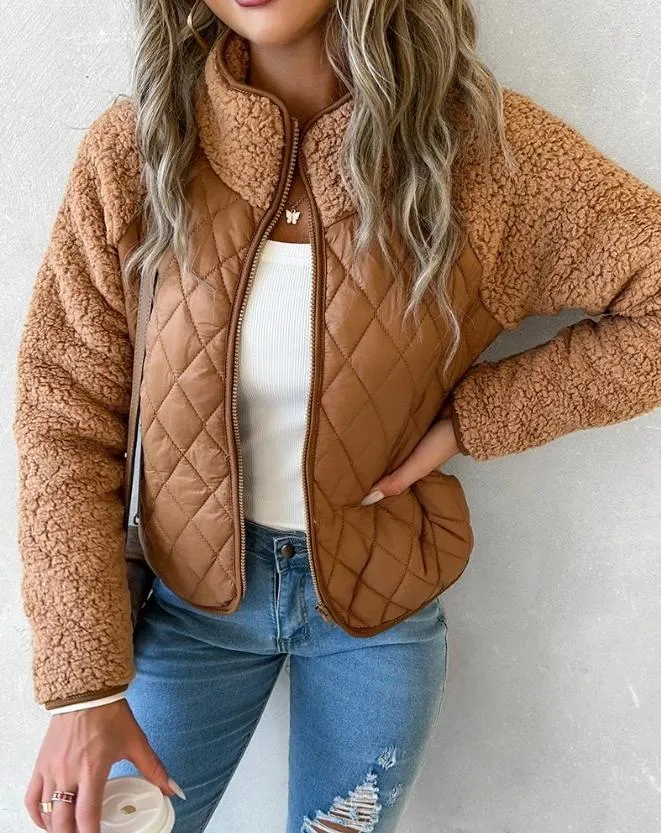 Women's Jackets Top Zipper Design Patchwork Teddy Puffer Coat 2024 Early Spring Latest Casual Stand Collar Long Sleeve Thick