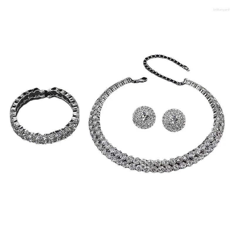 Pendant Necklaces Wedding Jewelry Set Three-Piece Rhinestone Double Row Earrings Necklace Bracelet Chain Female Accessories