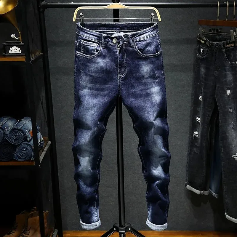 Printemps et automne mode tendance couleur unie élastique jean hommes décontracté mince confortable haute qualité petit pied pantalon 240106