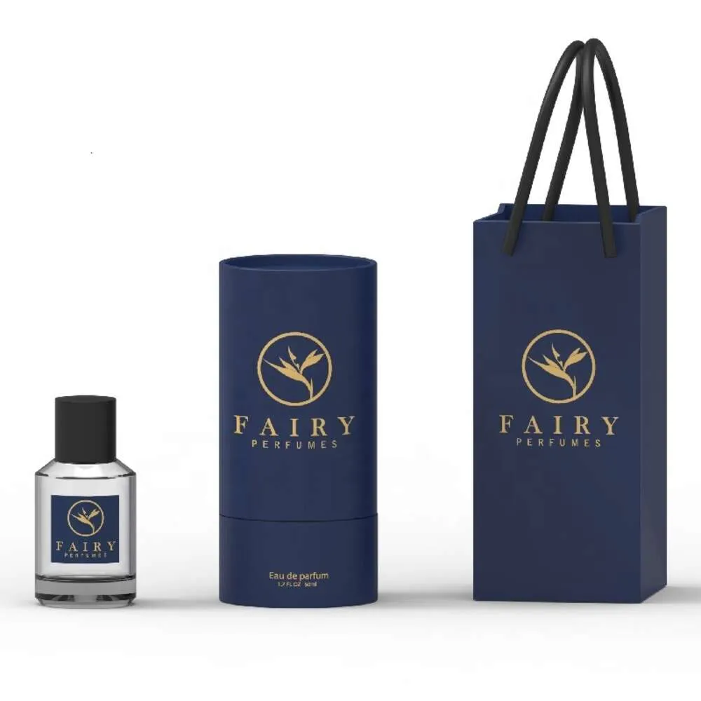 Garrafa vazia de perfume de vidro transparente de 50 ml, de boa qualidade, com caixa azul de presente personalizada, saco de papel