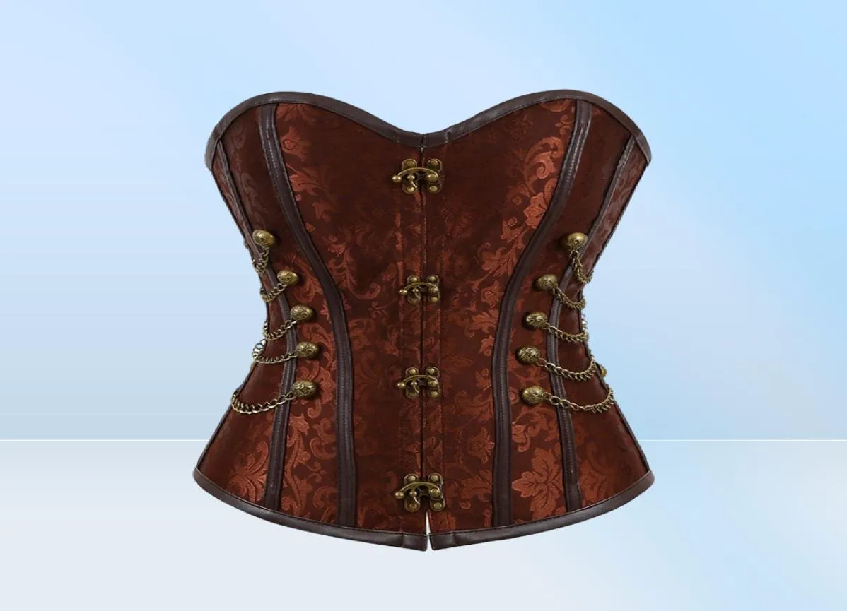 Women Vintage Steampunk Gothic PU Leather Panels Jacquard Overbust Corset Top with Chains and Buttons Accent S6XL Plus Size Brown4785206