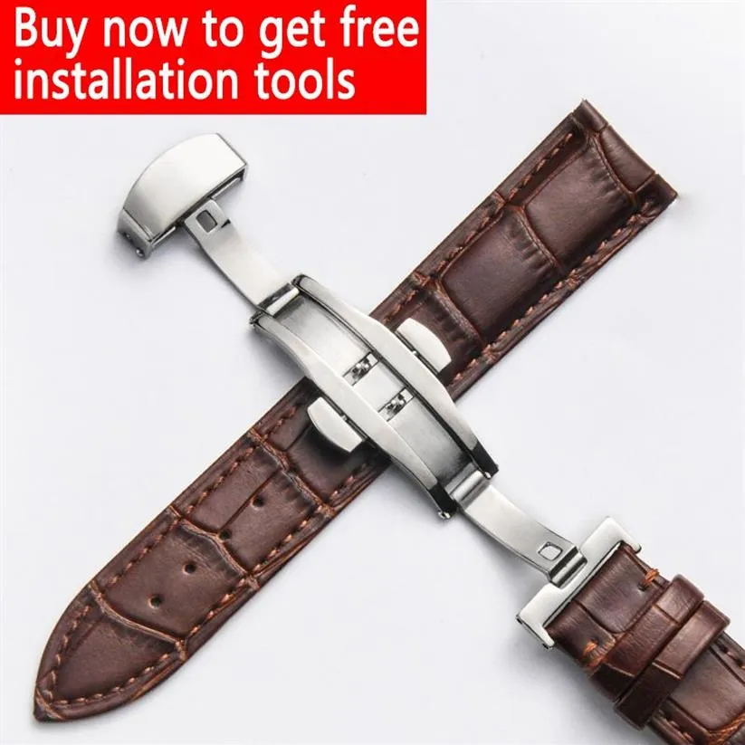 Universella kvalitetsband som är lämpliga för Rolex -band Push -knapp Hidden Clasp Double Press Faryfly Buckle Leather Watch Brown 20mm268K