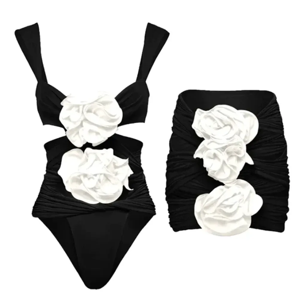Цельный купальник и юбка с 3D цветком для женщин, новинка 2023 года, винтажный купальник с вырезом, женский дизайнерский пляжный костюм для купания