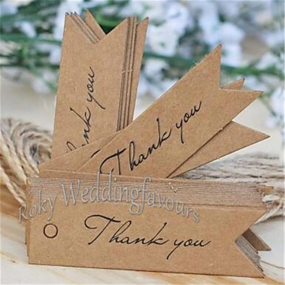 100PCS Wedding Kraft Paper Thank You Tags Brown White 2x7cm Wedding Gift Flag Tags Twines DIY Supplies227y
