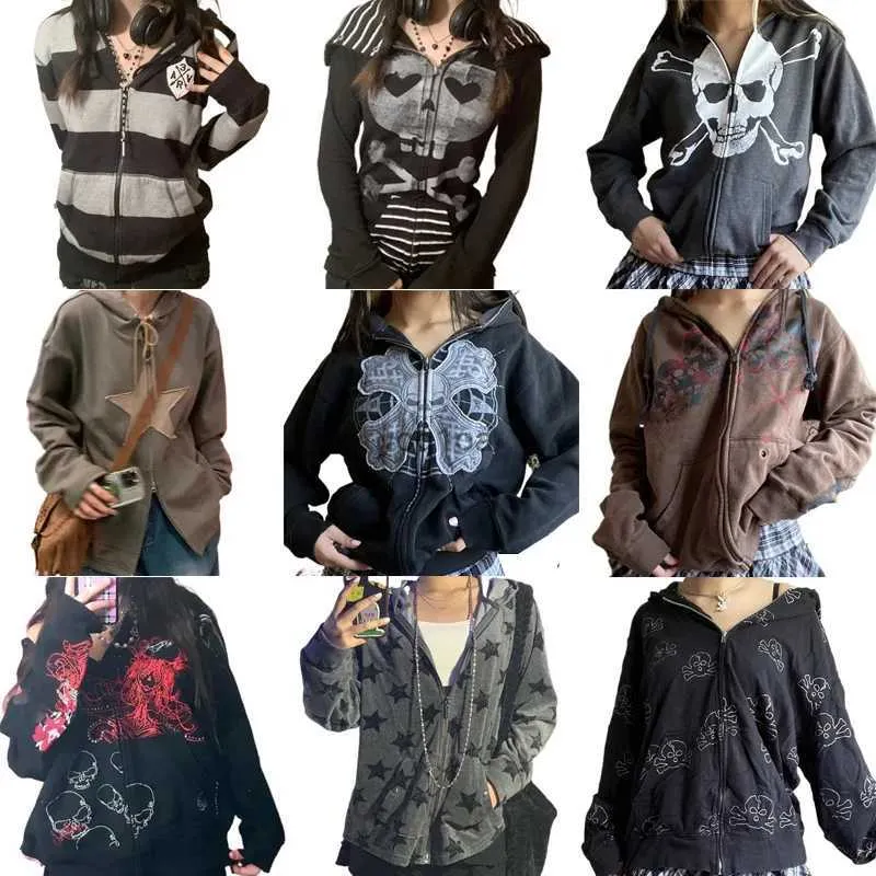 Sweats à capuche pour femmes Y2K esthétique Grunge rétro sweats E-girl gothique centre commercial Goth sweat à capuche zippé Vintage graphique Patch manteau automne Streetwear