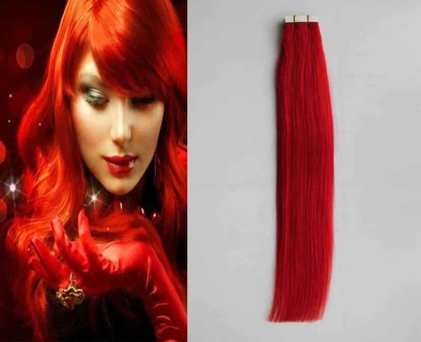 人間のヘアエクステンションのレッドテープ髪の髪の髪の毛100gテープ人間の拡張機能40pcs 9色絹のまっすぐなヨーロッパテープhair8906112