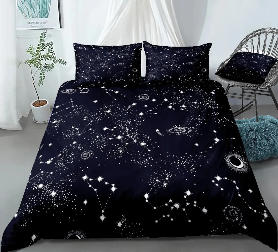 Stars Bedding Set Night Sky Kids Girls Boys Duvet Cover Dark Blue Home Textiles Galaxy Bedclothes Men Women Soft Quilt 240106