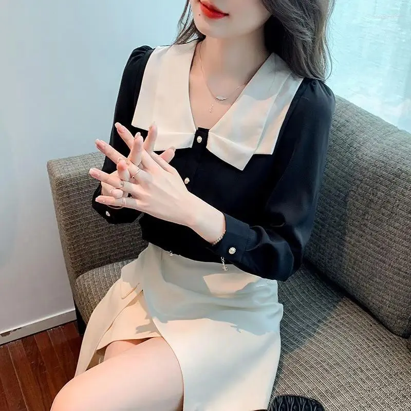 Kvinnors blusar 2024 Spring och Autumn Fashion Elegant Doll Neck Knapp Korean Långärmad Slim Fit Chiffon Shirt Cardigan Tops