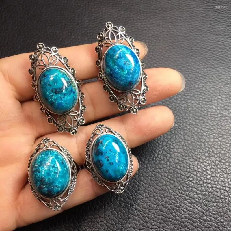 Küme Yüzükleri 1 PC Fengbaowu Doğal Taş Chrysocolla Oval Cabochon Ring 925 Sterlling Gümüş Moda Kristal Takı Hediyesi Kadın Erkekler