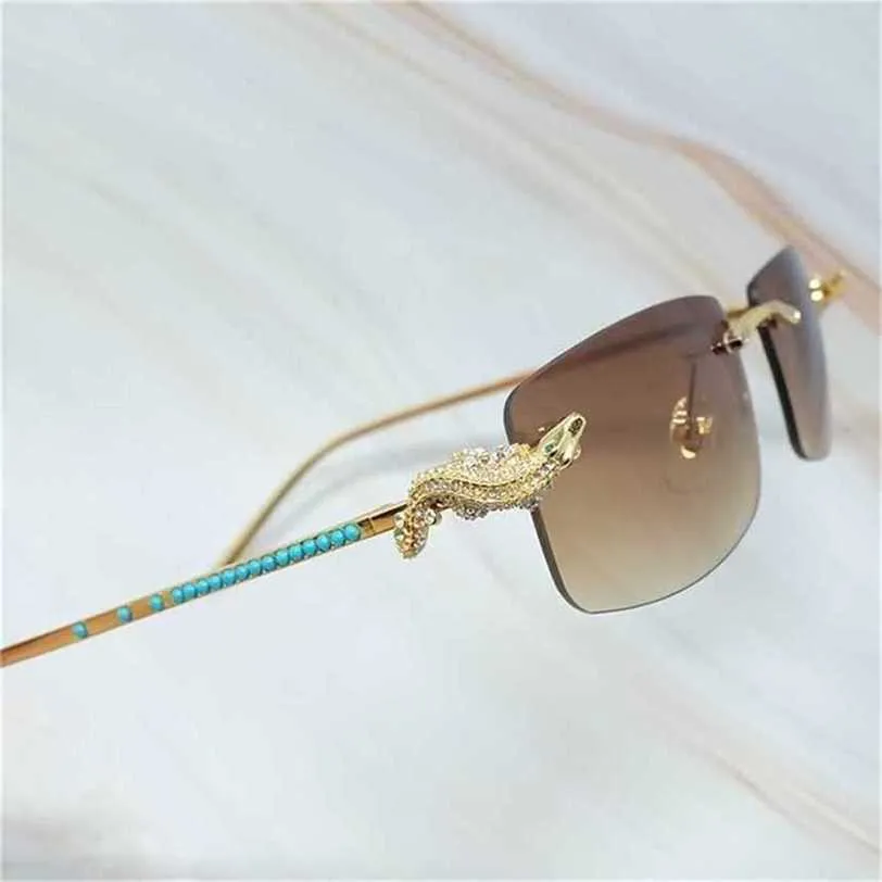 12% OFF Luxury Golden CORCODILE Rimless Carter Glasses Frame Rhinestone Sunglass Women Blue Brand Designer MenKajia New