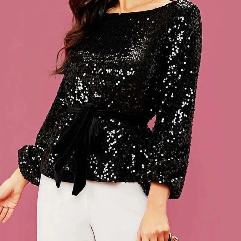 Fashionable sexy sparkling sequins sparkling party shirts women's elegant spring O-neck lace slim fit shirts autumn long sleeved women's tops 240106